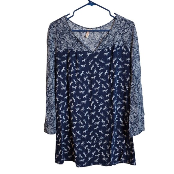 Red Camel Dress Womens XS Blue Paisley Horse Print Rayon Boho Tunic Long Sleeve - Picture 1 of 12